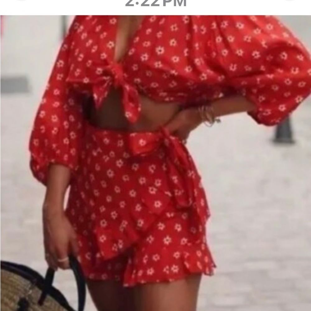 Zara Linen EUC Red Floral Two-Piece Set